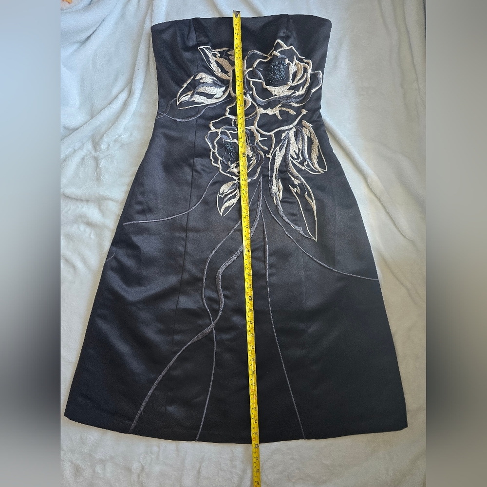 White House Black Market Strapless Black Dress with Gold Floral Design - Picture 3 of 14